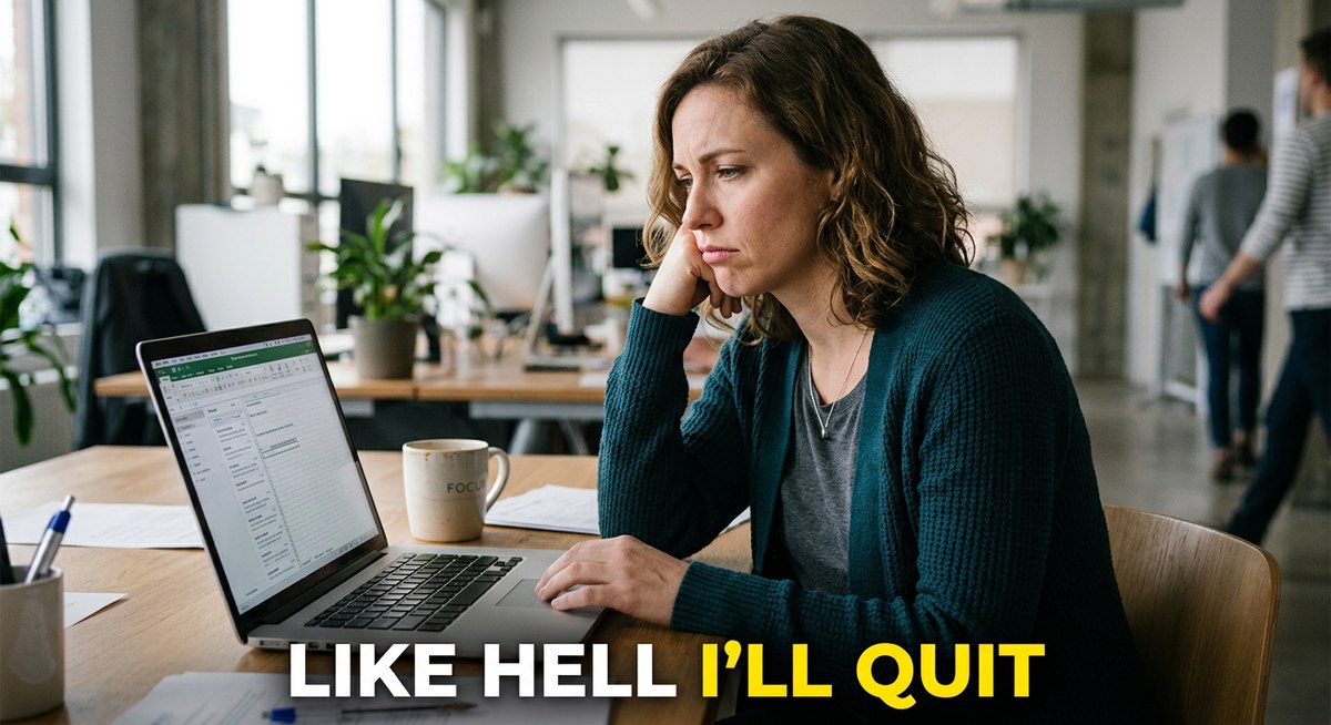 Like Hell I'll Quit — woman staring at laptop, worn down at her desk